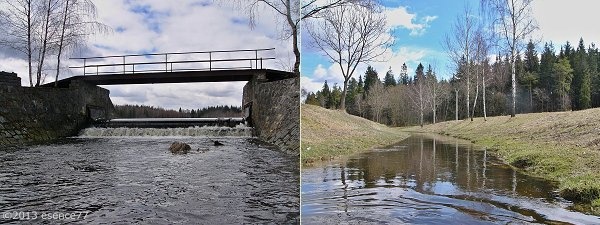 hráz rybníka ve Svratce a líná řeka pod ní